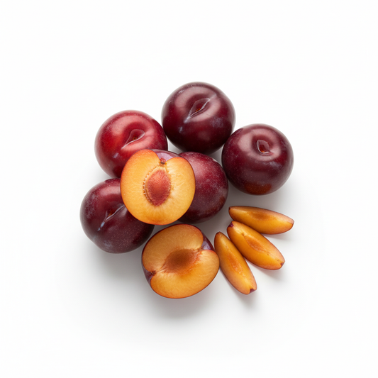 haz una imagen de las ciruelas rojas sobre un fondo blanco en formato 1:1 cuadrado