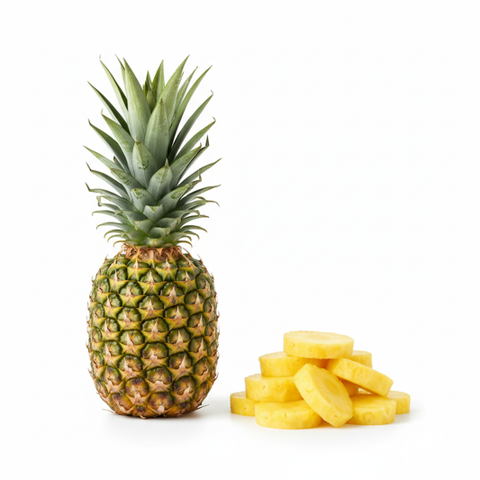 Haz una imagen de una piña y alado piña cortada en rodajas sin piel, con la camara frontalmente y que se vea toda la piña y su sombra. En un fondo blanco en formato 1:1 Cuadrado que toda la fruta se vea en la imegn que no salga cortada por ningun lado